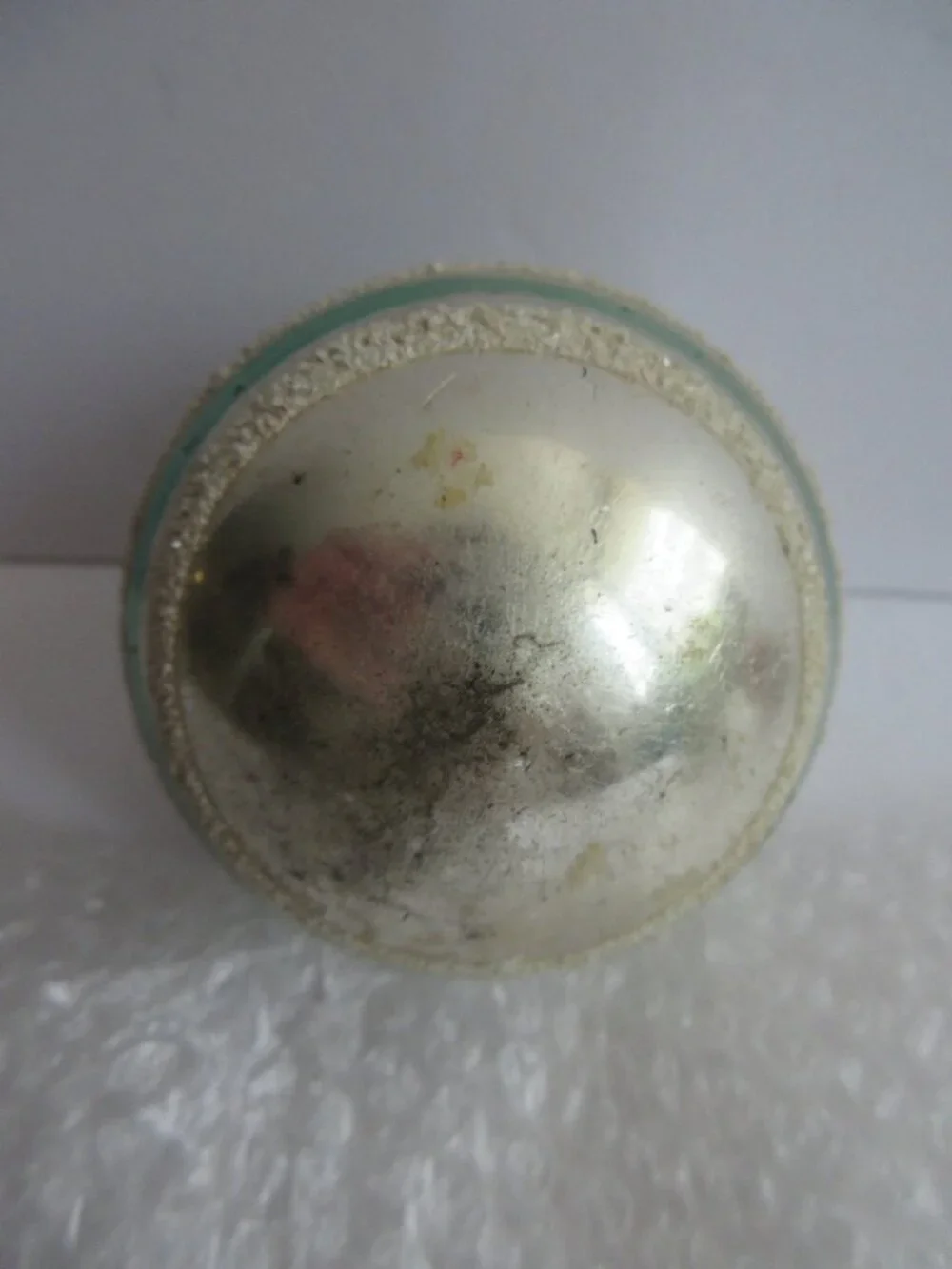 3 Shiny Brite Striped Mica Glass Christmas Ornaments Green, Pink, White Vtg